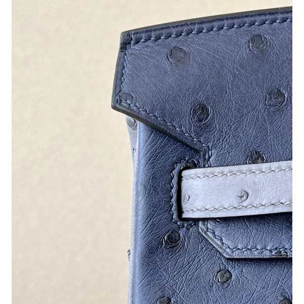 Hermes Birkin HSS 25 Ostrich Bleu Iris(77) and Gris Agate(82) Palladium Hardware Dark Blue