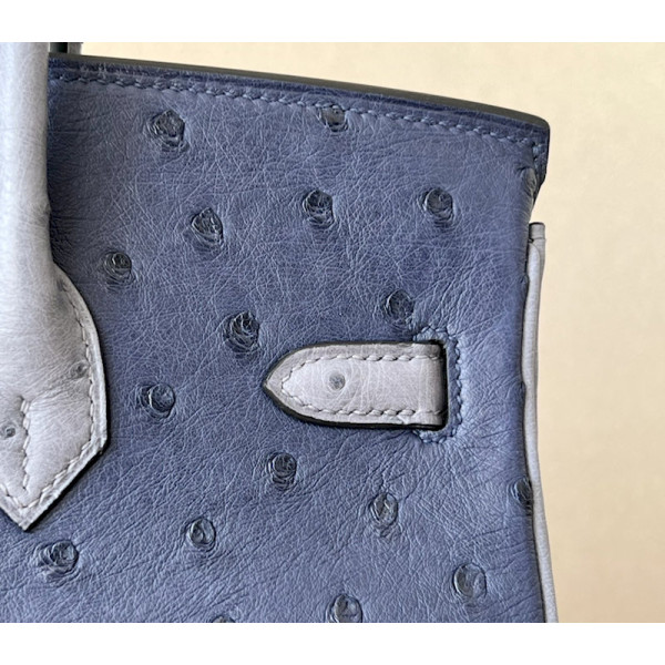 Hermes Birkin HSS 25 Ostrich Bleu Iris(77) and Gris Agate(82) Palladium Hardware Dark Blue