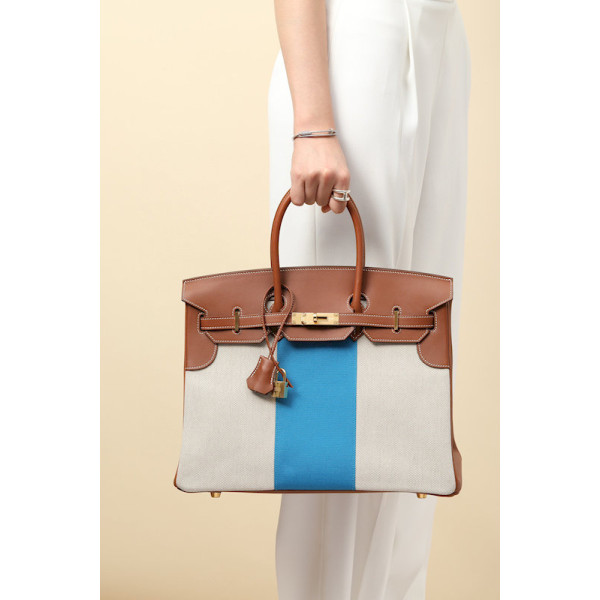 Hermes Birkin HSS 35 Barenia and Canvas Gold(37) Gold Hardware Brown