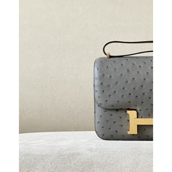 Hermes Constance 19 Ostrich Blue Glacier (8U) Gold Hardware Dark Grey