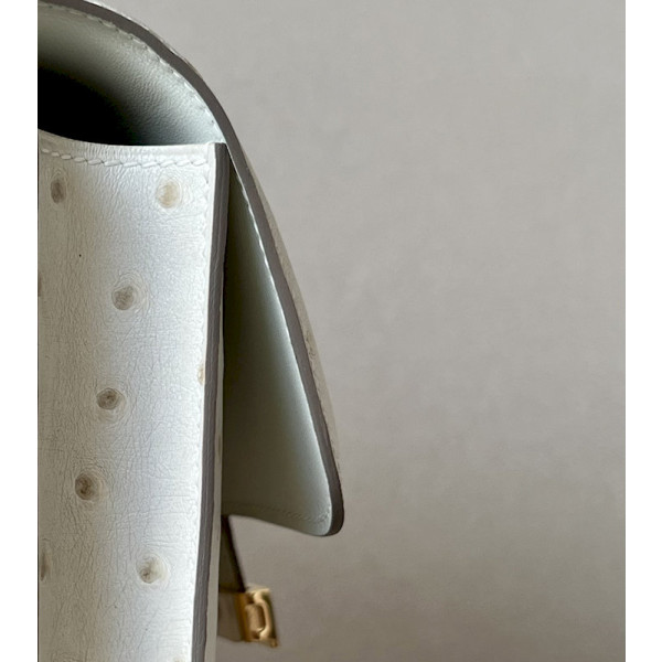 Hermes Constance 19 Ostrich Gris Agate (82) Gold Hardware White