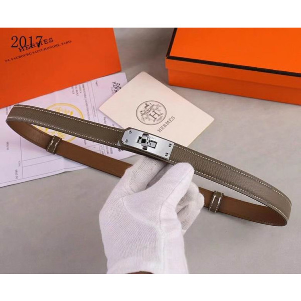 Hermes Kelly Full Grain Leather Belt Leather Strap 20 mm With Silver Buckle in Grey/Brown