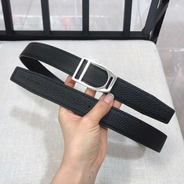Hermes Etrier belt silver buckle & Reversible leather strap 32 mm in black