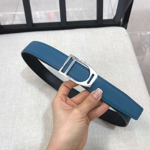 Hermes Etrier belt silver buckle & Reversible leather strap 32 mm in black and blue