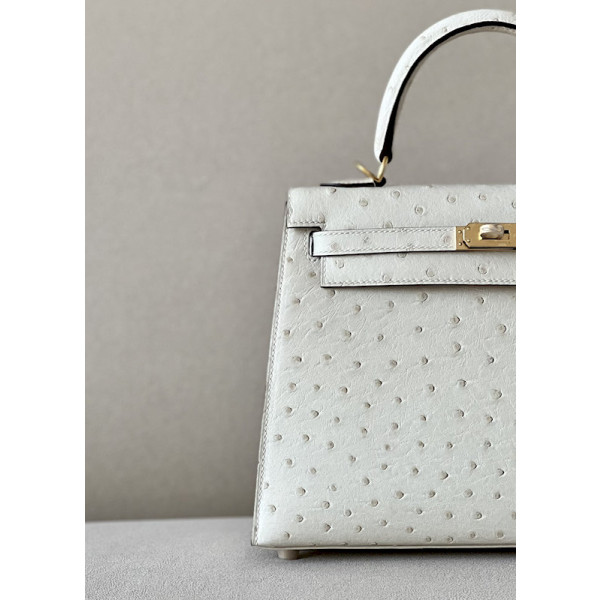 Hermes Kelly 25 Ostrich Braise (95) Gold Hardware White