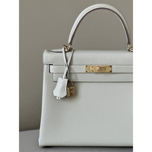 Hermes Kelly 25 Swift Beige Marfa (8Q) Gold Hardware White