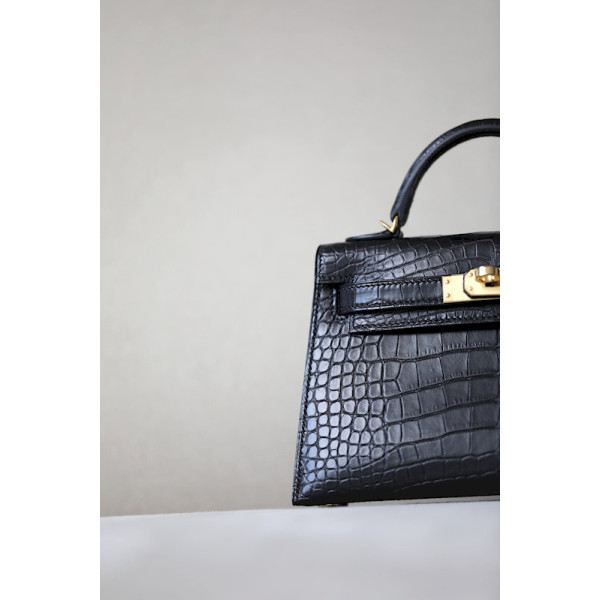 Hermes Kelly Mini Alligator Beton (8L) Palladium Hardware Black