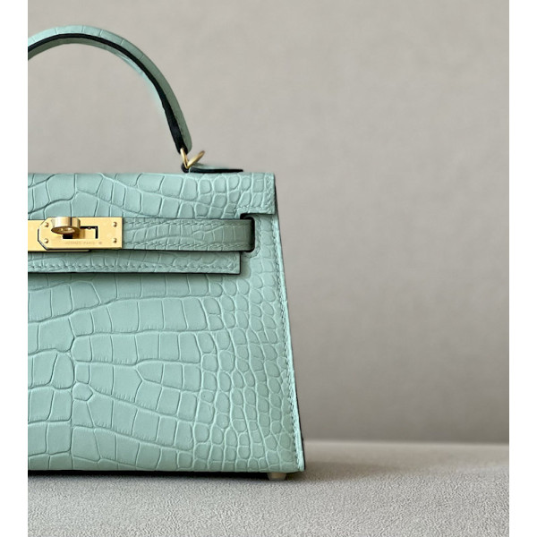 Hermes Kelly Mini Alligator Gold (37) Palladium Hardware Mint Green