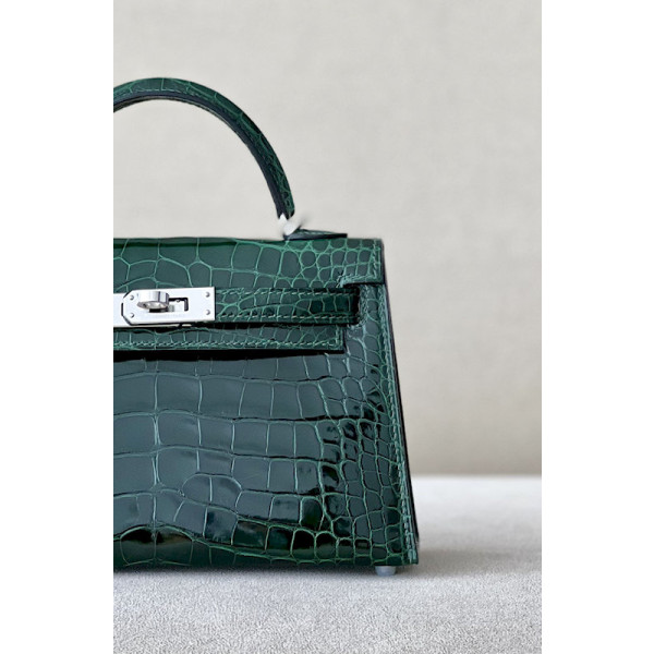 Hermes Kelly Mini Alligator Mauve Pale (09) Palladium Hardware Dark Green