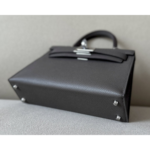 Hermes Kelly Mini Alligator Gris Ciment (OV) Palladium Hardware Dark Brown