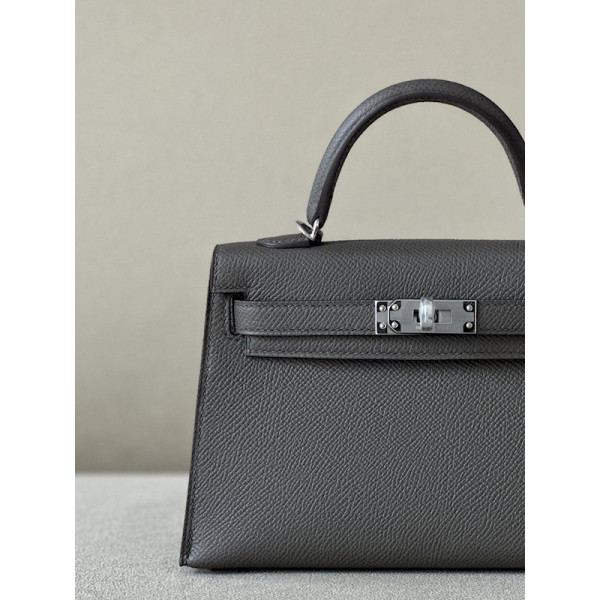 Hermes Kelly Mini Alligator Gris Ciment (OV) Palladium Hardware Dark Brown