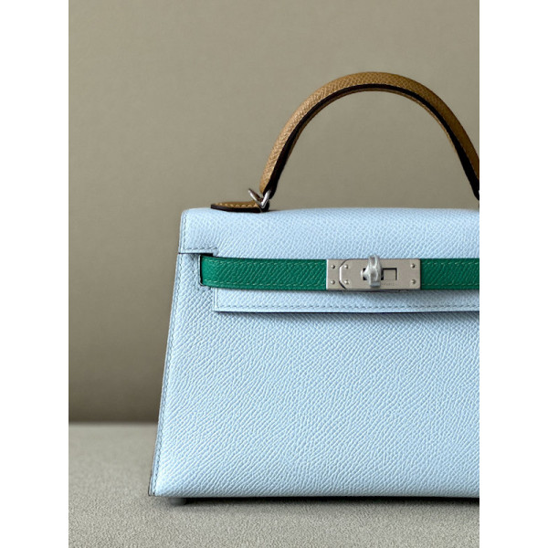 Hermes Kelly Mini Epsom New Bleu Jean (D2) Palladium Hardware Light Blue