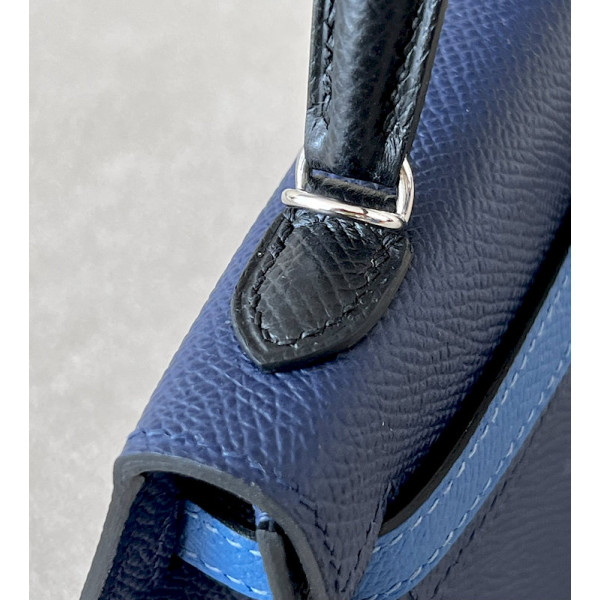 Hermes Kelly Mini Epsom Gris Meyer (0L) Palladium Hardware Dark Blue