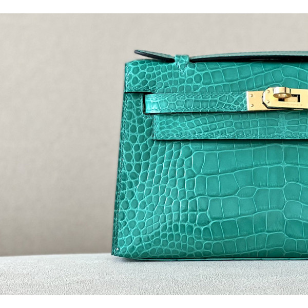 Hermes Kelly Pochette Alligator Braise (95) Gold Hardware Green