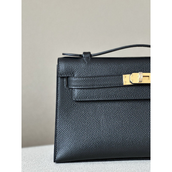 Hermes Kelly Pochette Epsom Etoupe (18) Palladium Hardware Black