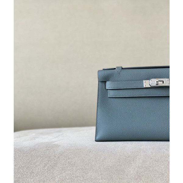 Hermes Kelly Pochette Swift Jaune Poussin (1Z) Gold Hardware Blue