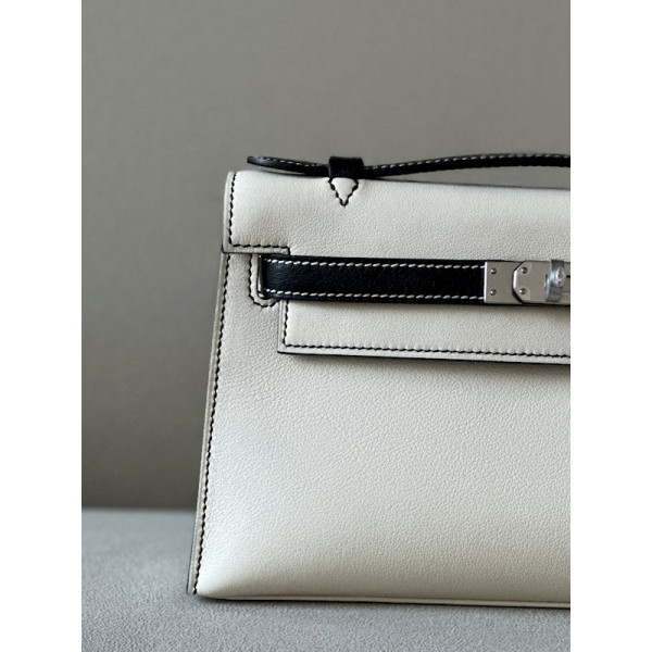 Hermes Kelly Pochette Alligator Ficelle (17) Palladium Hardware White
