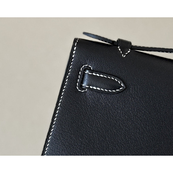 Hermes Kelly Pochette Alligator Graphite (88) Palladium Hardware Black