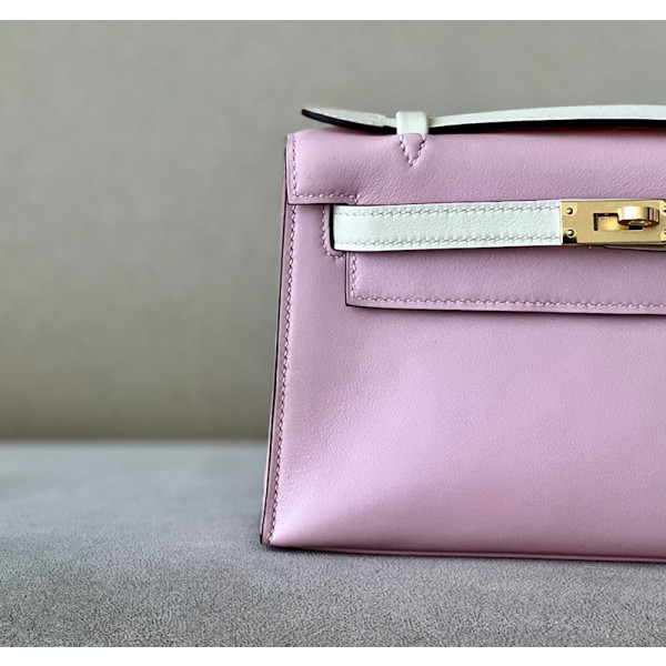 Hermes Kelly Pochette Alligator Gris Tourterelle (81) Palladium Hardware Light Pink