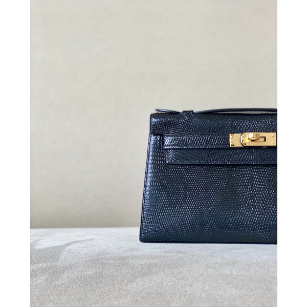 Hermes Kelly Pochette Alligator Nior (89) Palladium Hardware Black