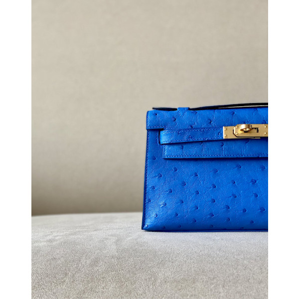 Hermes Kelly Pochette Ostrich Gris Asphalte (M8) Gold Hardware Blue
