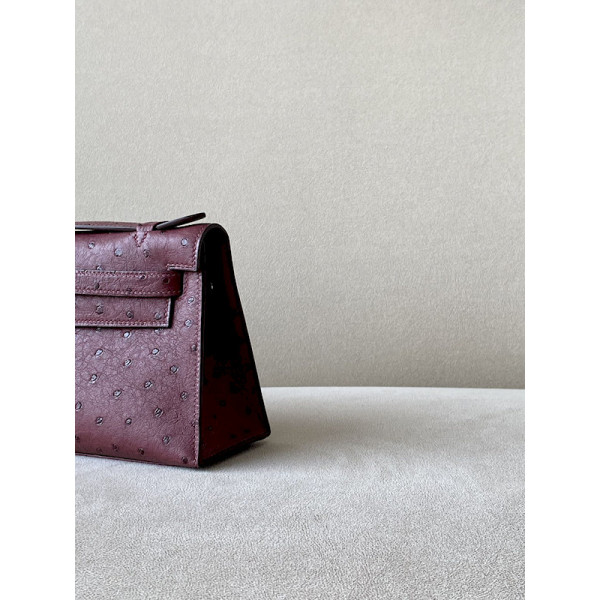 Hermes Kelly Pochette Ostrich Rose Sakura (3Q) Palladium Hardware Burgundy Red
