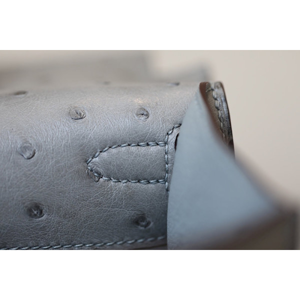 Hermes Kelly HSS 25 Ostrich Gris Agate(82) and Bleu Irisn(77) Gold Hardware Grey