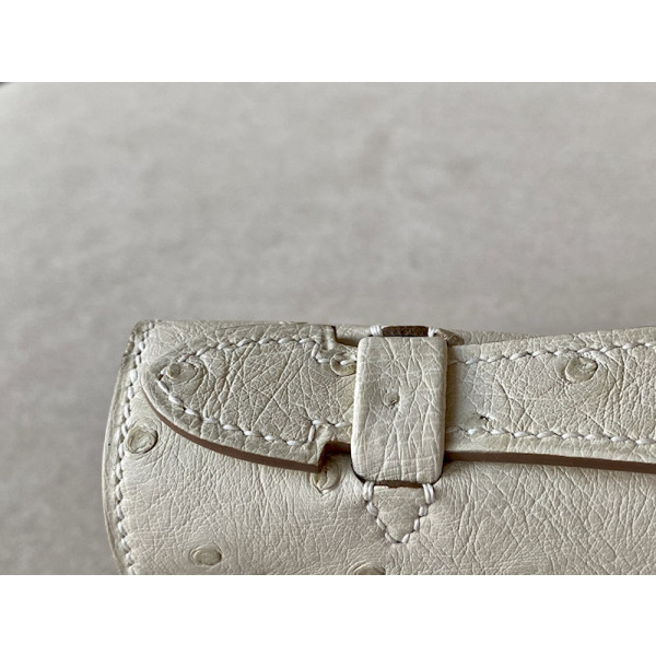 Hermes Kelly Pochette Ostrich Bleu Hydra (T7) Gold Hardware White