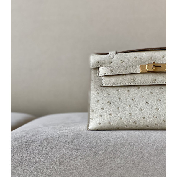 Hermes Kelly Pochette Ostrich Bleu Hydra (T7) Gold Hardware White
