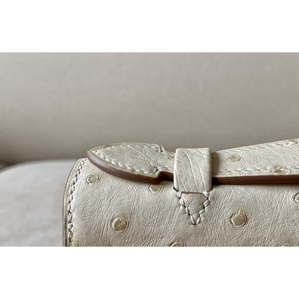 Hermes Kelly Pochette Ostrich Bleu Lin (J7) Gold Hardware White