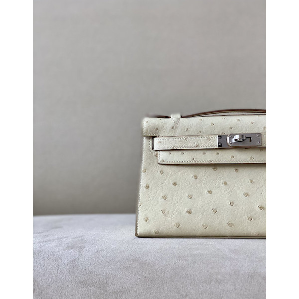 Hermes Kelly Pochette Ostrich Bleu Lin (J7) Gold Hardware White