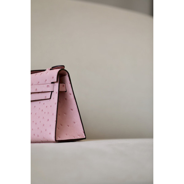 Hermes Kelly HSS 25 Ostrich Gris Agate(82) and Rose Tyrien(E5) Rose Gold Hardware Light Pink