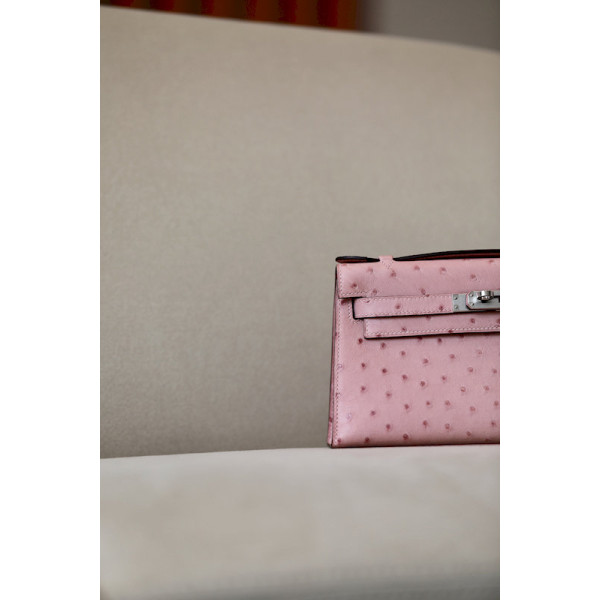 Hermes Kelly HSS 25 Ostrich Gris Agate(82) and Rose Tyrien(E5) Rose Gold Hardware Light Pink