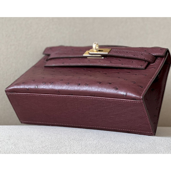 Hermes Kelly Pochette Ostrich Paradise (2T) Gold Hardware Burgundy Red
