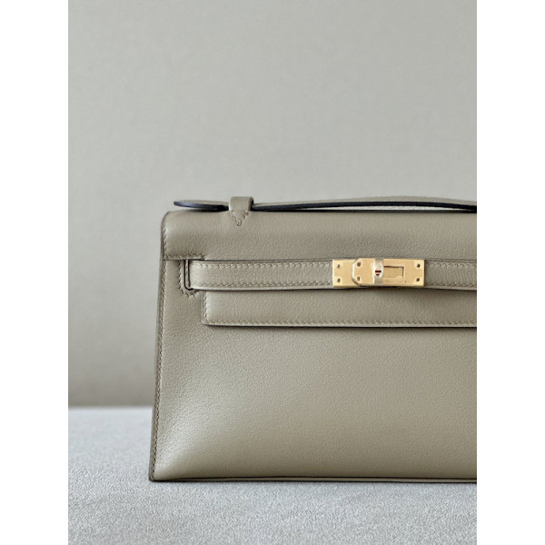 Hermes Kelly Pochette Ostrich Braise (95) Palladium Hardware Dark Beige