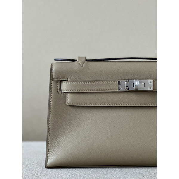 Hermes Kelly Pochette Ostrich Etoupe (18) Gold Hardware Dark Beige