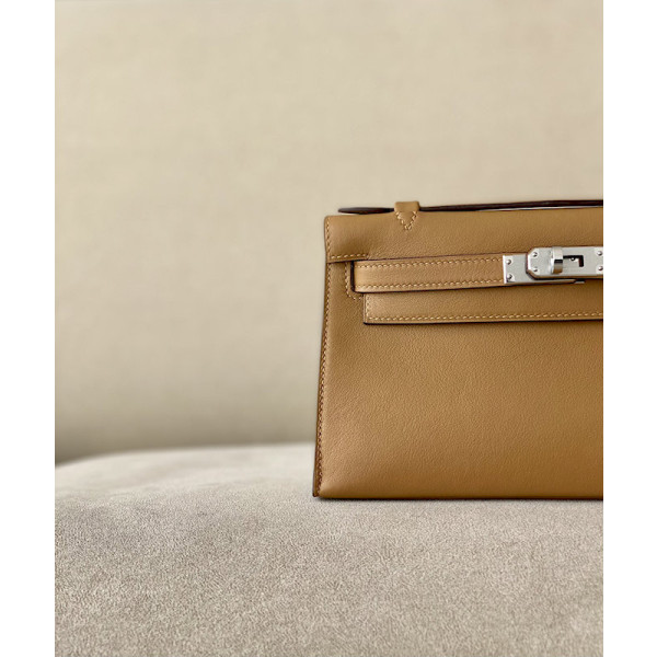 Hermes Kelly Pochette Swift New Bleu Jean (D2) Palladium Hardware Brown