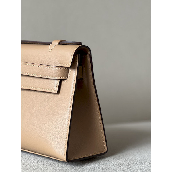 Hermes Kelly Pochette Ostrich Etoupe (18) Palladium Hardware Dark Beige