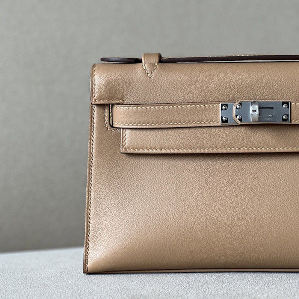 Hermes Kelly Pochette Ostrich Etoupe (18) Palladium Hardware Dark Beige