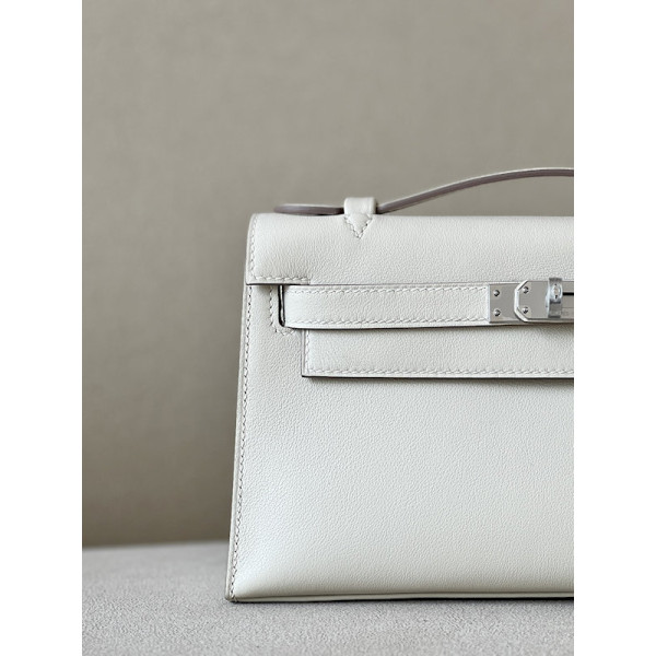 Hermes Kelly Pochette Ostrich Gris Agate (82) Gold Hardware White