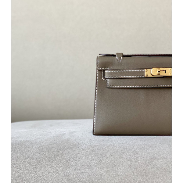 Hermes Kelly Pochette Ostrich Gris Agate (82) Palladium Hardware Dark Brown