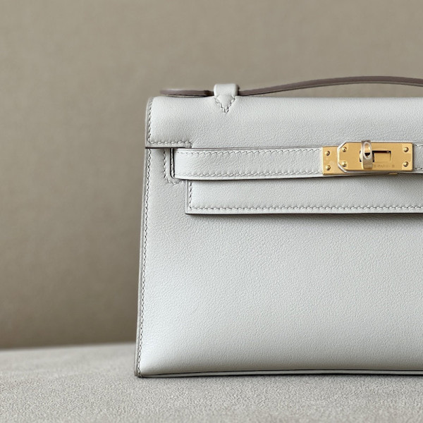 Hermes Kelly Pochette Ostrich Gris Tourterelle (81) Gold Hardware White