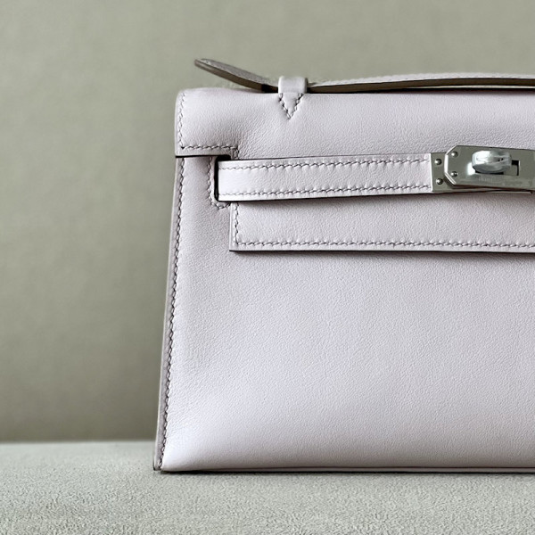 Hermes Kelly Pochette Epsom Gris Asphalte (M8) Palladium Hardware Light Purple