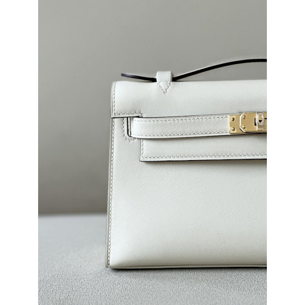 Hermes Kelly Pochette Ostrich Nior (89) Gold Hardware White
