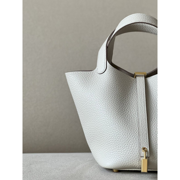 Hermes Picotin Lock 18 Clemence and Ostrich Biscuit(4B) and Vanille(Y1) Palladium Hardware White
