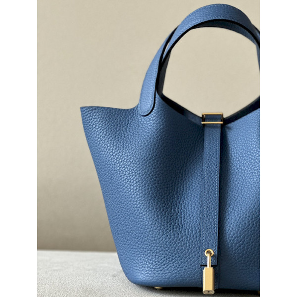 Hermes Picotin Lock 18 Clemence and Ostrich Chai (0M) and Vanille(Y1) Palladium Hardware Blue