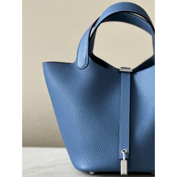 Hermes Picotin Lock 18 Clemence and Ostrich Gris Meyer(0L) and Vanille(Y1) Palladium Hardware Blue