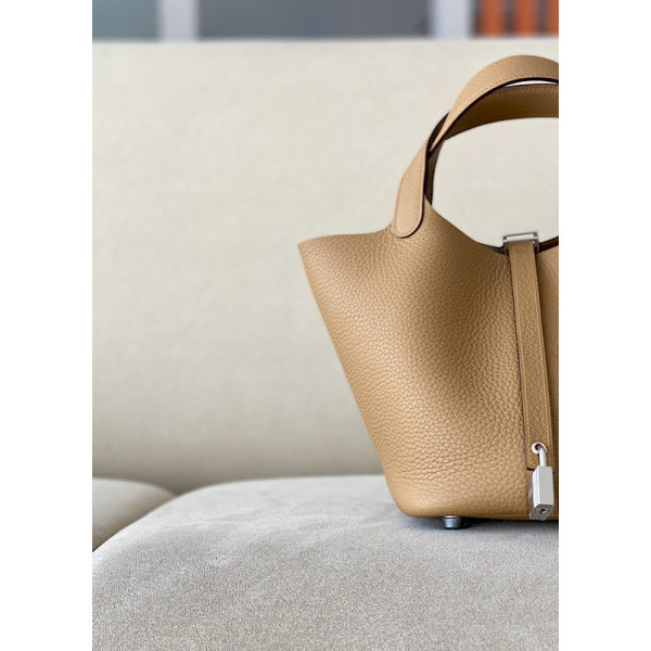 Hermes Picotin Lock HSS 18 Clemence Gris Perle(80) and Rose eLipstick(U5) Palladium Hardware Brown