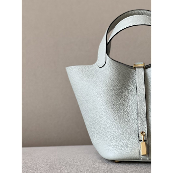 Hermes Picotin Lock 18 Clemence Bleu Hydra(T7) Gold Hardware White