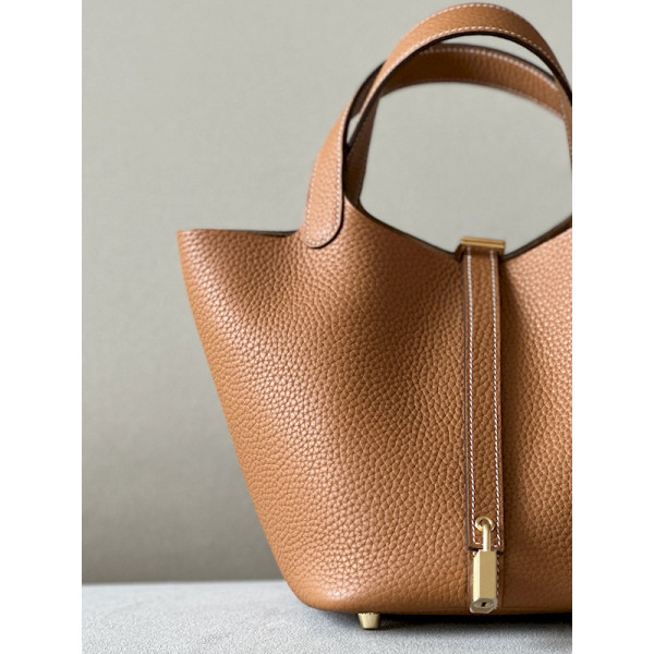 Hermes Picotin Lock 18 Clemence New Bleu Jean(D2) Gold Hardware Brown